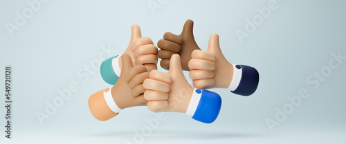 Thumbs up, team and success hand sign to show work community, Professional multicultural team demonstrates satisfaction and gives a positive response. teamwork and yes hands. 3d render illustration