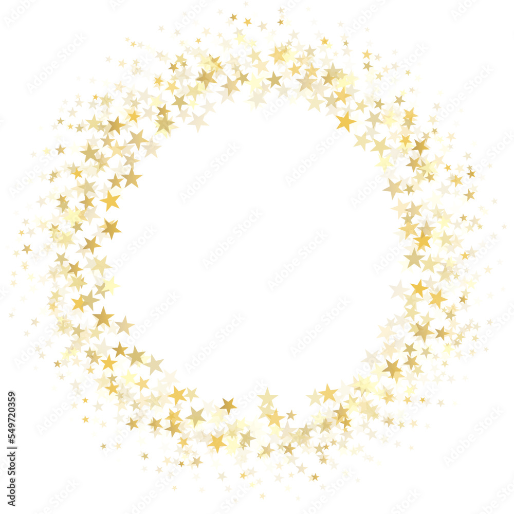 Gold stars round frame background. Christmas golden round frame, circle wreath, greeting card round pattern. Holidays backdrop. Vector illustration