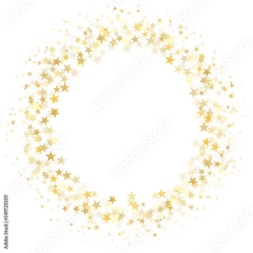 Gold stars round frame background. Christmas golden round frame, circle wreath, greeting card round pattern. Holidays backdrop. Vector illustration