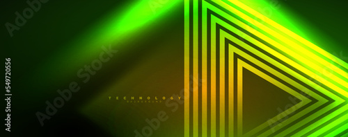 Neon glowing lines and angles, magic energy space light concept. Vector illustration for wallpaper, banner, background, leaflet, catalog, cover, flyer
