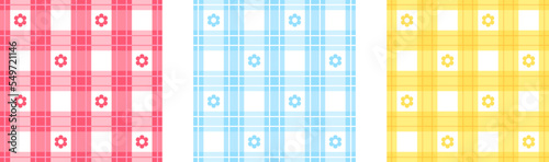 Gingham flower. Check color flowers pattern of tartan plaid or oilcloth for picnic, pastel abstract geometric print scarf, tablecloth vichy cute floral design vector illustration