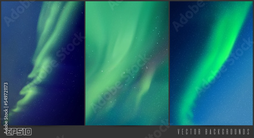Night starry sky and Northern lights. Aurora borealis. Background set