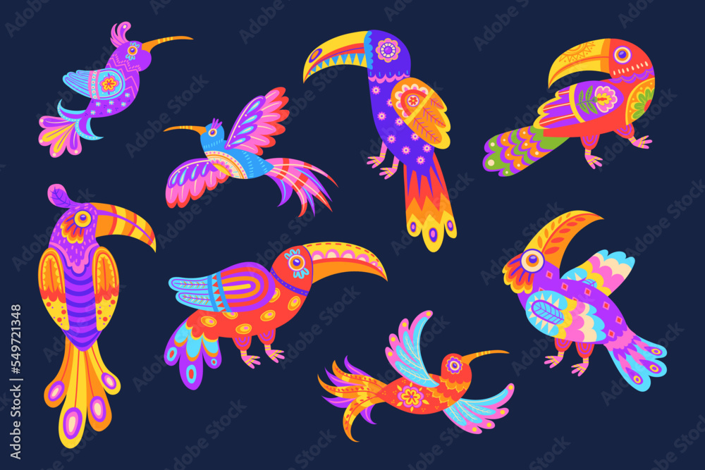 Fototapeta premium Mexican ornamental birds. Traditional mexico embroidery tropical bird art, alebrije animal with beautiful floral ornament feathers, tribal folklore craft, neat vector illustration