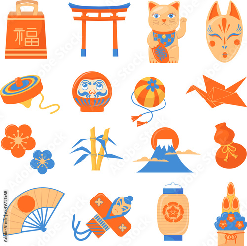 Japanese lucky charms. Japan prosperity and success amulet fashion elements for advertising card, asian new year traditional souvenirs cat daruma dolls set neat vector illustration