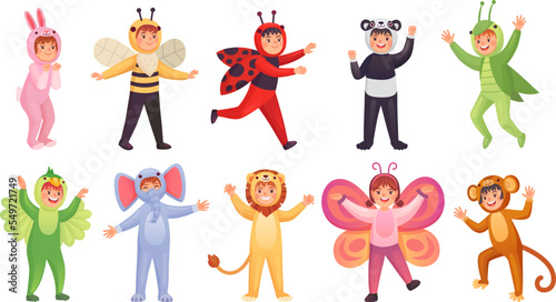 Animal cosplay. Child masquerade of animals characters  carnival costum kids dress party children wearing cute costumes disguise mascot in action pose ingenious vector illustration