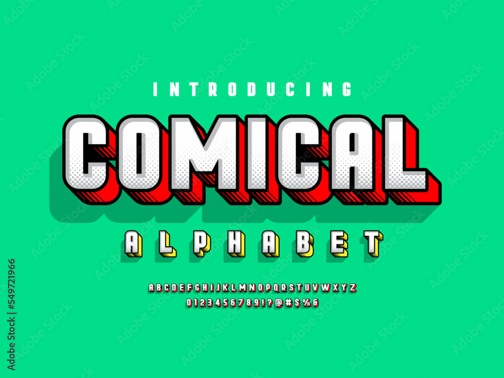 Comical halftone style alphabet design with uppercase, numbers and symbols