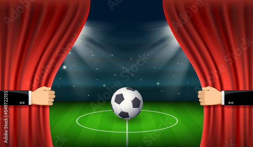 Football field with a soccer ball behind a red curtain