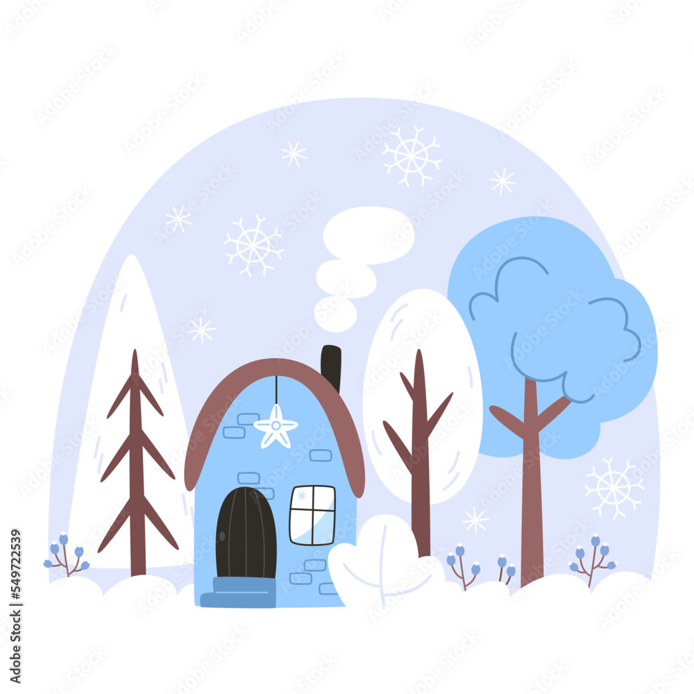 Winter landscape with a house in a snowy forest Winter landscape with a house in a snowy forest