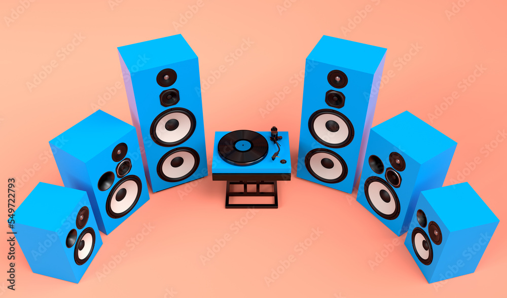 Set of Hi-fi speakers and DJ turntable for sound recording studio on coral Set of Hi-fi speakers and DJ turntable for sound recording studio on coral