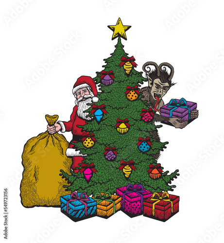 Vector illustration of Santa Claus and Krampus behind Christmas tree