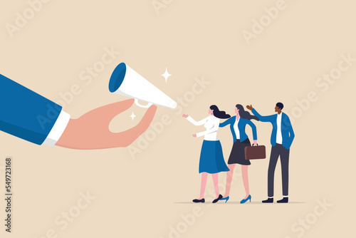 Encourage employee voice, advocacy or support opinion, contribution or help, listen to ideas or communication, staff encouragement concept, businessman hand offer megaphone for employee to speak out.