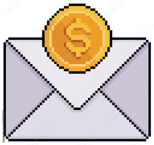 Pixel art envelope with coin, save money vector icon for 8bit game on white background