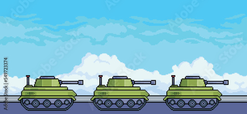 Pixel art convoy of war tanks on the street with blue sky background vector scene for 8bit game