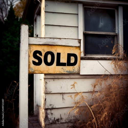 Worn Sold Sign In Front of House | Created Using Midjourney and Photoshop