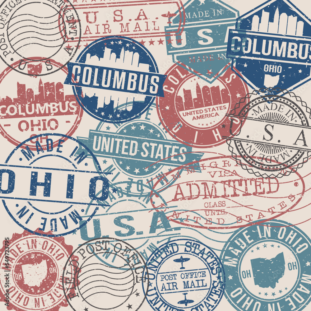Columbus, OH, USA Set of Stamps. Travel Stamp. Made In Product. Design Seals Old Style Insignia.