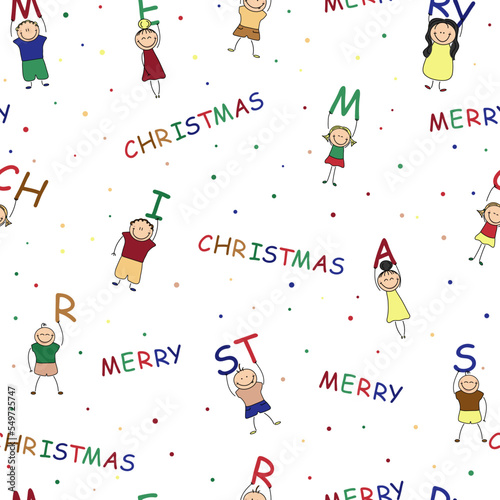 Christmas seamless pattern with children holding the inscription Merry Christmas. Prints, packaging template, wrapping paper, textiles and wallpaper.