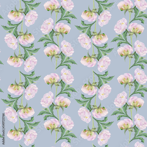 Watercolor seamless pattern with hand drawn delicate pink peony flowers, buds and leaves. Isolated on color background. For invitations, wedding, love or greeting cards, paper, print, textile
