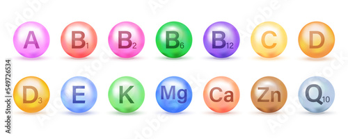 A set of colored icons of a multivitamin complex. Multivitamin supplement. Vitamin A, group B 1, B2, B6, B12, C, D, D3, E, K. An essential vitamin complex. The concept of a healthy life