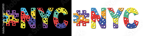 NYC Hashtag. Multicolored bright isolate curves doodle letters. Trendy popular Hashtag #NYC is abbreviation of New York City for social network, web resources, mobile apps, banner, t-shirts.
