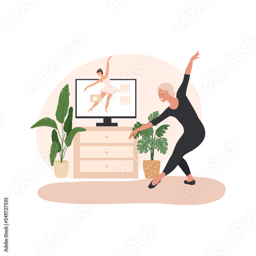 Online lessons, Dance teacher or choreographer. Dancing courses and adults. Elder woman dancing at home. Vector Illustration