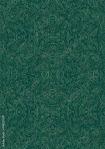 Hand-drawn unique abstract seamless ornament. Light green on a darker cold green background, with splatters of golden glitter. Paper texture. Digital artwork, A4. (pattern: p03d)