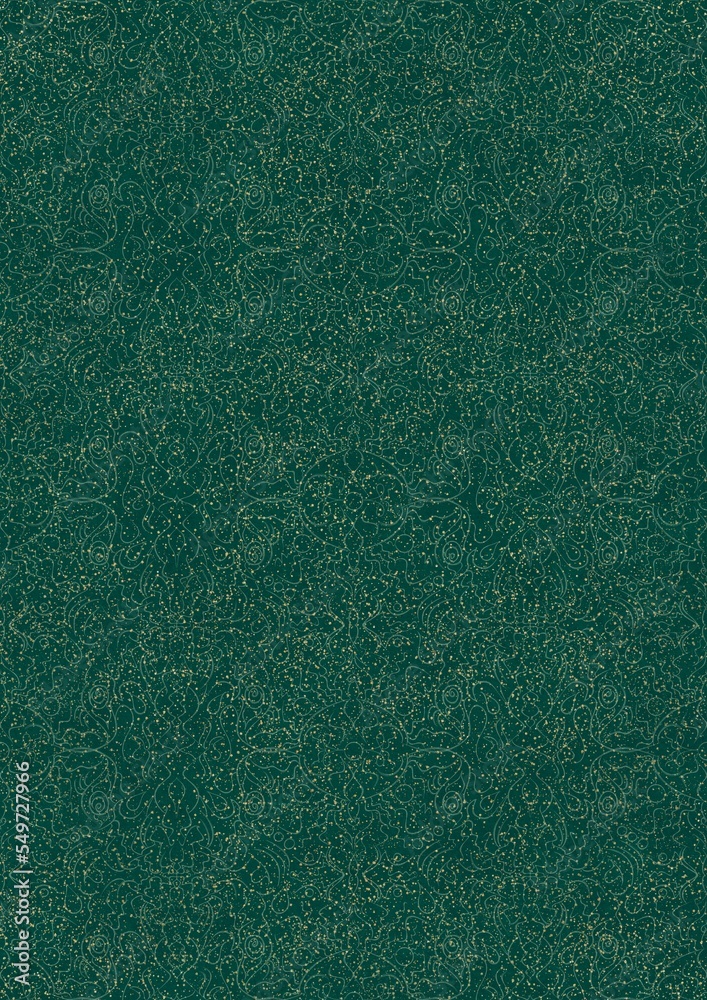 Fototapeta premium Hand-drawn unique abstract seamless ornament. Light green on a darker cold green background, with splatters of golden glitter. Paper texture. Digital artwork, A4. (pattern: p07-1e)