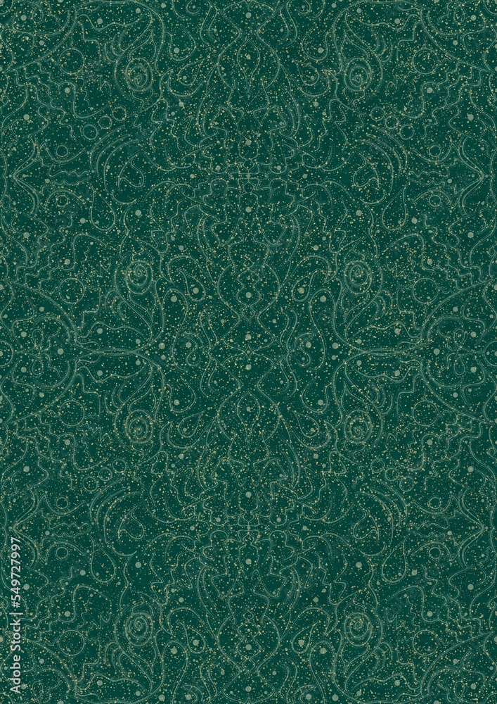 Hand-drawn unique abstract seamless ornament. Light green on a darker cold green background, with splatters of golden glitter. Paper texture. Digital artwork, A4. (pattern: p07-2d) Hand-drawn unique abstract seamless ornament. Light green on a darker cold green background, with splatters of golden glitter. Paper texture. Digital artwork, A4. (pattern: p07-2d)