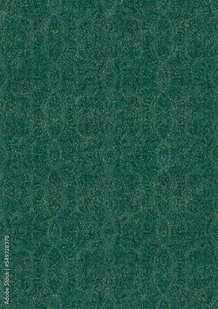 Fototapeta premium Hand-drawn unique abstract seamless ornament. Light green on a darker cold green background, with splatters of golden glitter. Paper texture. Digital artwork, A4. (pattern: p09e)