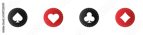 Set collection gambling sign symbol of playing card suits and chips for poker and casino. Hearts, clubs, diamonds and spades on an isolated white background.