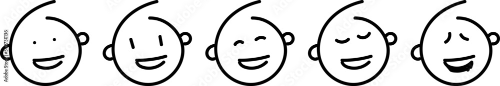 Set of outline emoticons doodle happy face icon. Black line emoji on