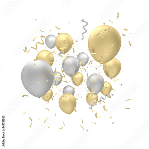 Silver and gold balloons. Transparent background. Isolated. 3d illustration.