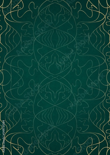 Hand-drawn unique abstract ornament. Light green on a dark cold green background, with vignette in golden glitter. Paper texture. Digital artwork, A4. (pattern: p02-1d)