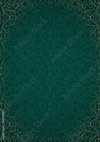 Hand-drawn unique abstract ornament. Light green on a dark cold green background, with vignette in golden glitter. Paper texture. Digital artwork, A4. (pattern: p02-1e)