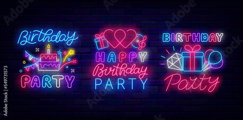 Happy Birthday neon signs collection. B-Day party celebration. Heart, present and cake. Vector illustration