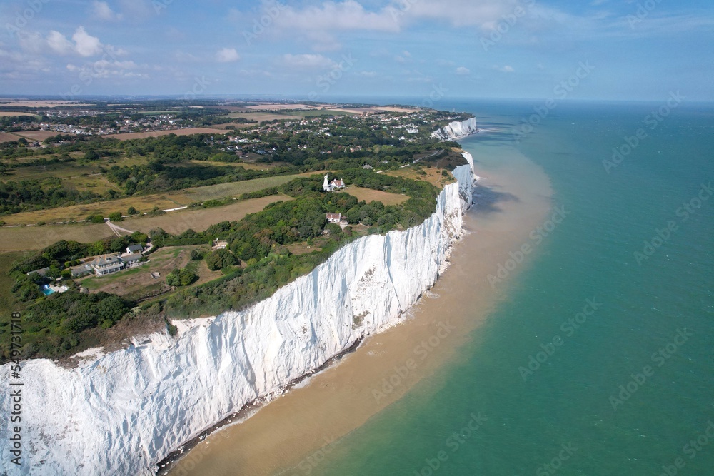 White cliffs of Dover UK drone aerial view summer drought dry brown grassland .. - obrazy, fototapety, plakaty 