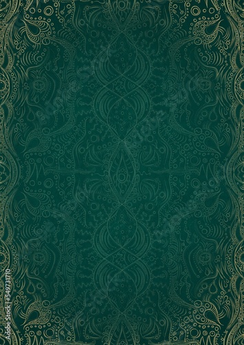 Hand-drawn unique abstract ornament. Light green on a dark cold green background, with vignette in golden glitter. Paper texture. Digital artwork, A4. (pattern: p09d)
