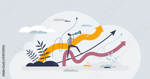 Choosing career path from different options and choices tiny person concept. Work or job professional decision for life pathway planning vector illustration. Looking or searching for future occupation
