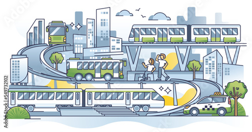 Transportation services and urban road or rail infrastructure outline concept. Public bus, train, metro or taxi car for passenger movement network vector illustration. City transport connections.