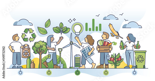 Sustainable eco community with smart and ecological life outline concept. Green and social responsible people with effective resource usage, recycling and clean power production vector illustration.