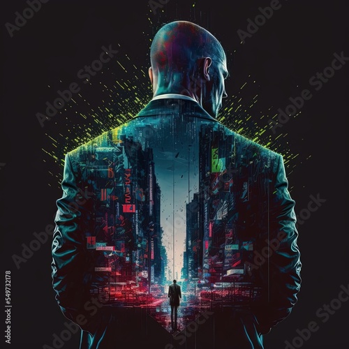 Double exposure image of a bald businessman in a suit hitman cityscape in the background. Generative AI
