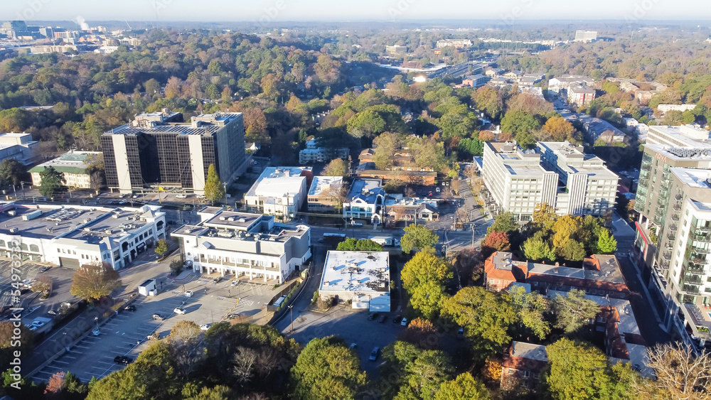 Aerial view office buildings in Brookwood Hills neighborhood near the busy I-75 and I-85 split, midtown Atlanta, Georgia, US