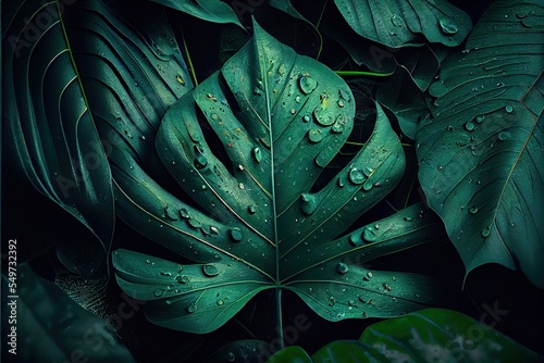 Closeup tropical climate leaf plant Monstera with dew droplets on it. Generative AI © Generative Professor