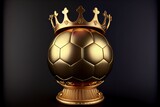 Gold soccer ball or football isolated on black 3d illustration dark background with sport winner championship tournament and golden king crown competition trophy champion cup of victory honor prize