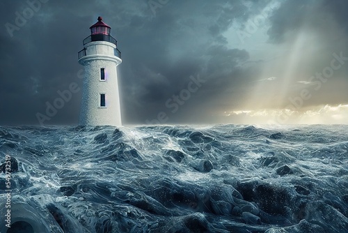 Storm waves of sea water hit the stone pier and lighthouse