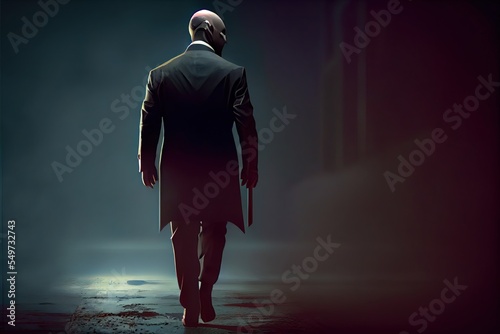 Mafia hitman in a suit, bald killer silhouette in a coat with a gun in the raining city, bodyguard assassin, neon lights, car, gun. Generative AI photo