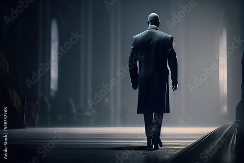 Mafia hitman in a suit, bald killer silhouette in a coat with a gun in the raining city, bodyguard assassin, neon lights, car, gun. Generative AI Illustration photo
