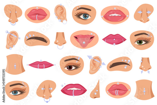 Piercing flat icons set. Body modifications. Lips, nose, eyebrow and tongue pinholes. Stylish titanium accessories for face. Silver jewelry. Color isolated illustrations