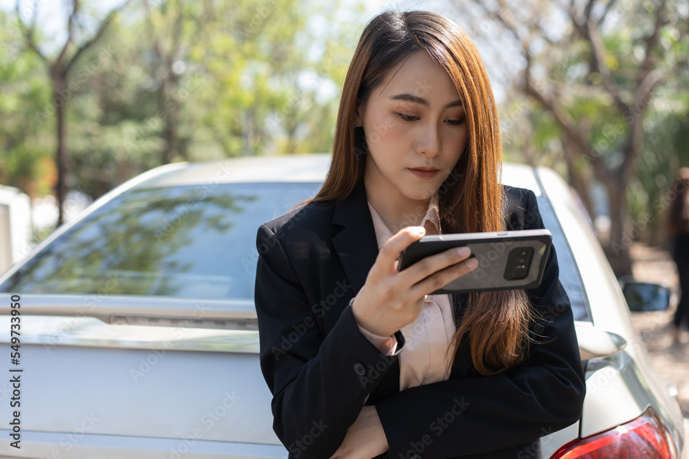 Woman drivers call insurance after a car accident before taking pictures and sending insurance. Online car accident insurance claim idea after submitting photos and evidence to an insurance company. Woman drivers call insurance after a car accident before taking pictures and sending insurance. Online car accident insurance claim idea after submitting photos and evidence to an insurance company.