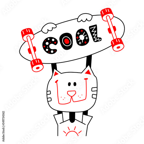 Skateboarder cat. Funny smiling cat is holding a skateboard with the inscription cool. Vector doodles.