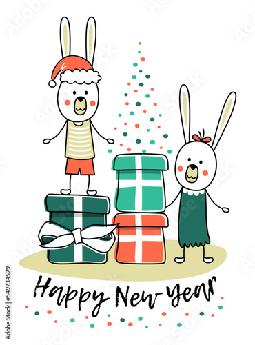 Rabbits and gifts. New Year's card with the image of funny rabbits and gifts with a congratulatory inscription. Flat vector illustration.